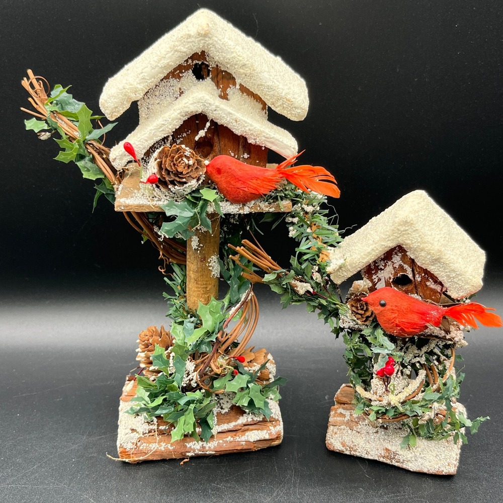 2 Wood Craft Rustic Winter Birdhouse Figurine Red Cardinals Faux Snow 8.25" 5.5"